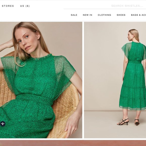 WHISTLES Green Midi Sketched Floral Frill Dress Chiffon US 2 Small RRP $339 - Picture 7 of 7